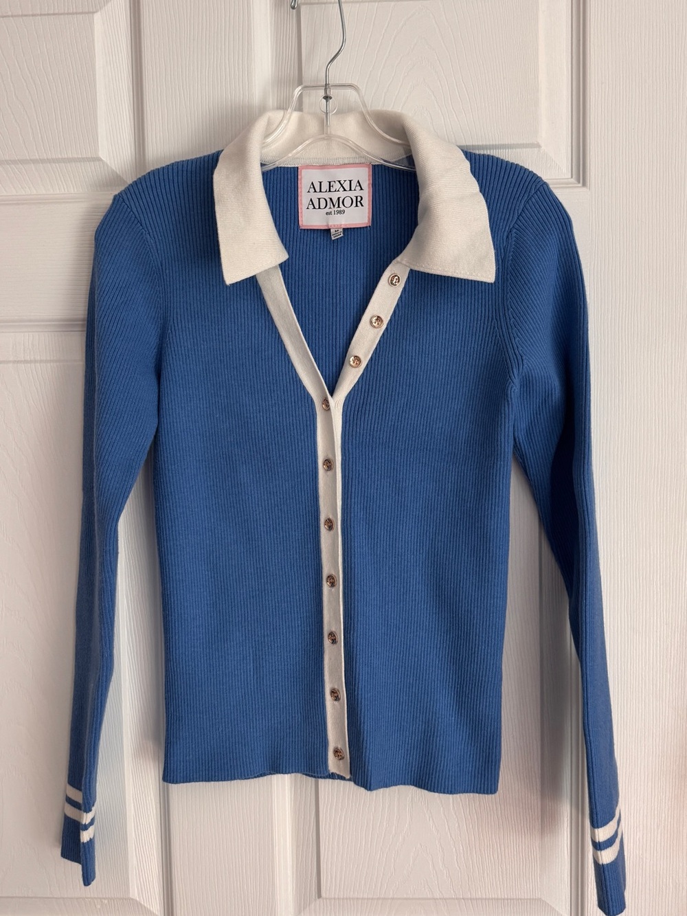 Alexia Admor Blue Ribbed Cardigan with Cream Collar
